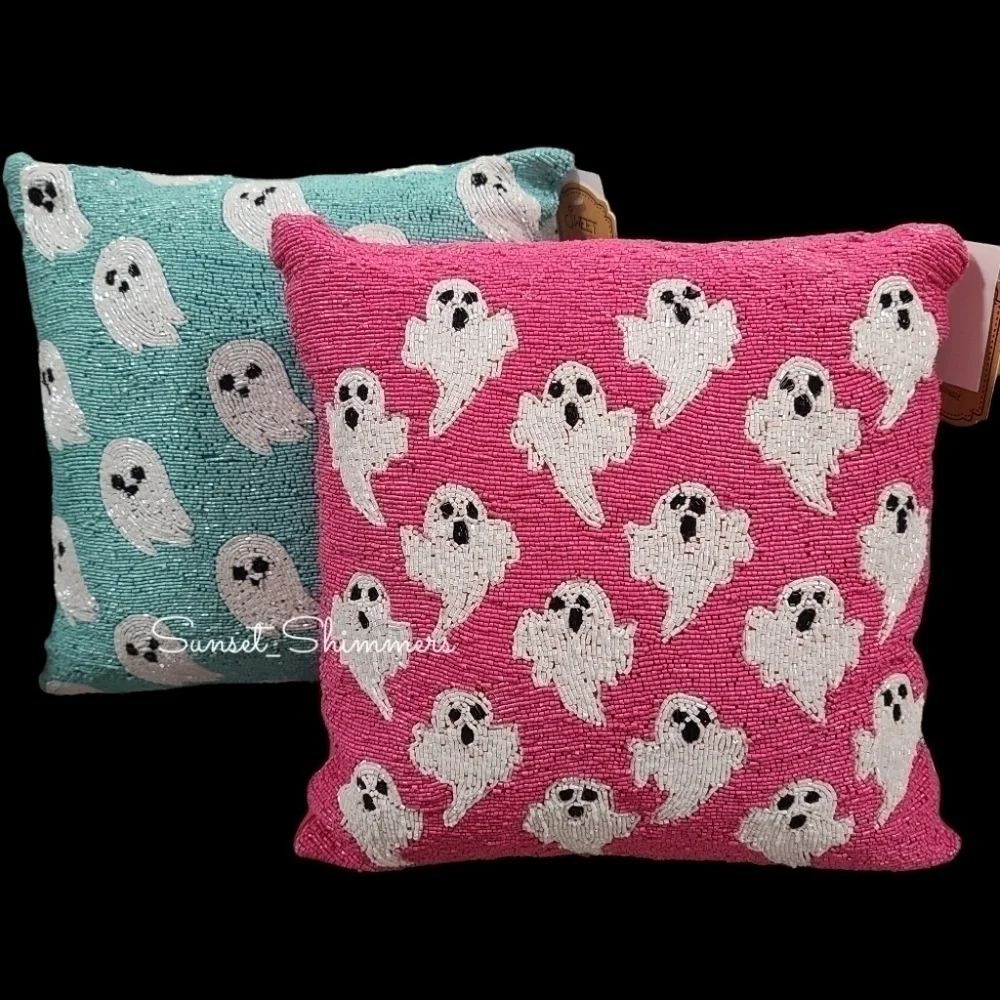 X4 Nicole Miller Halloween Beaded Aqua Sparkly Ghost Placemat Chargers 15